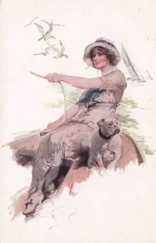 Frau sitzt mit Hund in einem Boot -798320