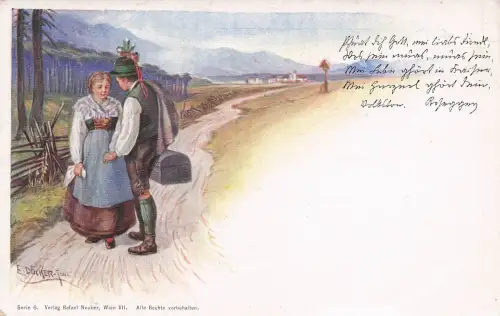 Künstler-AK E. Döcker: Junges Paar auf dem Weg zum Ort -798158