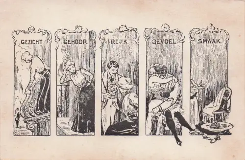 Dieses Bild ist eine Postkarte aus dem späten 19. oder frühen 20. Jahrhundert, die die fünf Sinne darstellt. -798364