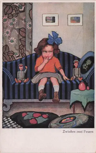 Künstler Ak Bender, St., Zwischen zwei Feuern, Mädchen, Soldatenpuppen -798390