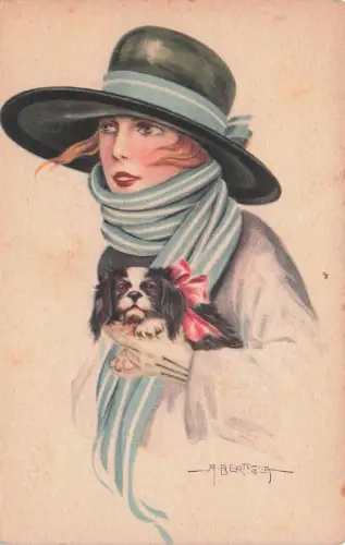 Künstler: A. Berta Medium: Postkarte/Ansichtskarte Thema: Junge Frau in eleganter Winterkleidung mit einem kleinen Hund -798196