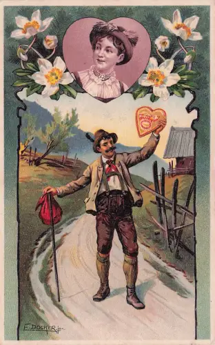 Künstler-AK E. Döcker: Frohlockender Wandersmann mit Lebkuchen-Herz, Dir z` Liab -798146