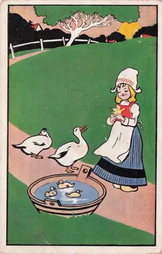 K Niederländerin mit Gänsen und Küken an einer Wanne -798348