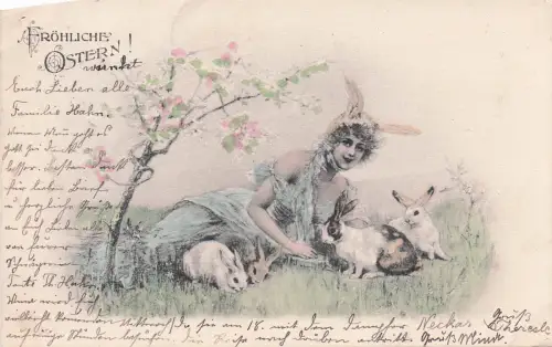 Osterpostkarte mit einem gemalten Motiv. -798256