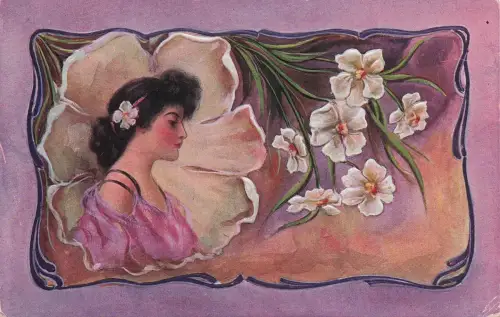 Hübsche Frau im Seitenprofil mit weißen Blumen, antike Jugendstil-Postkarte von 1914 -798374