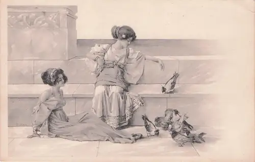 Jugendstils zeigt zwei Frauen in klassisch anmutender Kleidung auf einer Steintreppe -798182