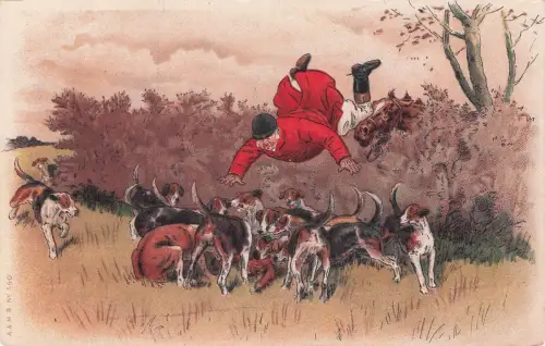 traditionellen Fuchsjagd, bei der ein Jäger vom Pferd stürzt und inmitten der Meute -798428