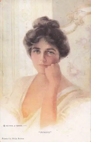 Künstler-AK Philip Boileau: Pensive, Brünette Schönheit mit Hochsteckfrisur -798632