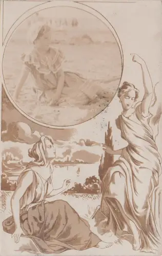 junges Mädchen liegt am Strand . 1910, Fotopostkarte, Jugendstil, Rand, Straßburg -798458