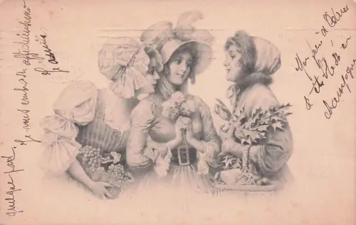 Künstler Ak Drei junge Frauen, Weintrauben, Stechpalmenzweige -798454
