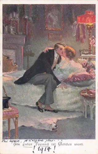 Künstler-Ansichtskarte Robert Schiff: Ein guter Freund ist Goldes wert, Ein Mann küsst seine Geliebte zärtlich auf den Mund -798598