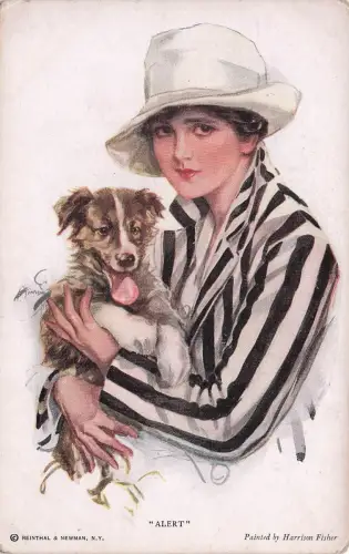 Künstler Ak Fisher, Harrison, Frau in modischem, gestreiften Kleid, Hund -798494