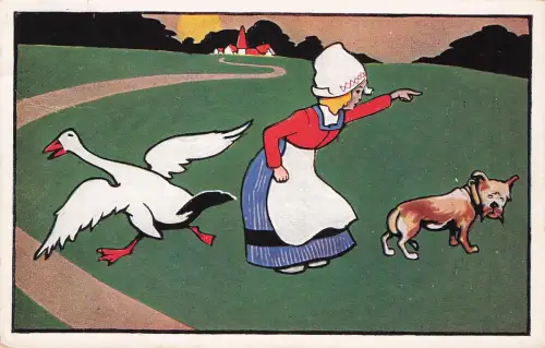 Mädchen mit Hund und Gans, Künstlerkarte -798346