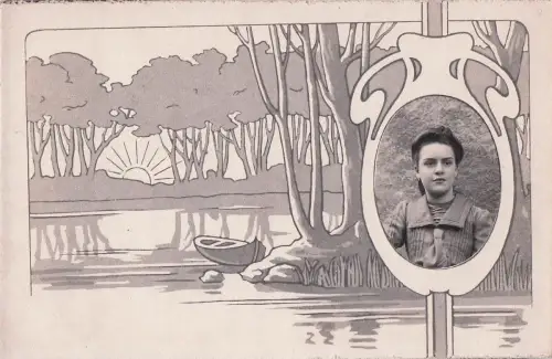 Foto-AK einer jungen frau Bootsanleger am Ufer, Passepartout -798712