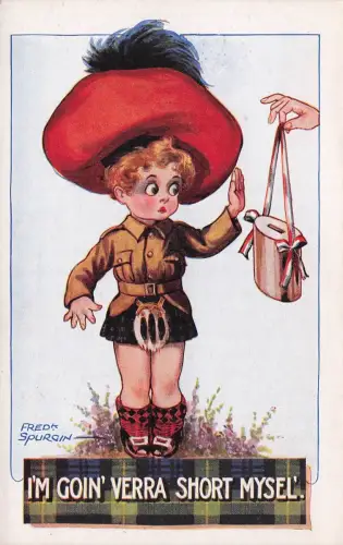 Schottischer Junge im kurzen Kilt Fred Spurgin Comic-Postkarte Ich werde sehr kurz -798366