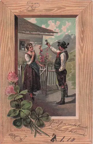 Künstler-Ansichtskarte E. Döcker: Mann überreicht seiner Frau ein Vierblättriges Kleeblatt -798602
