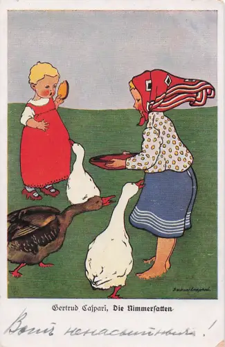 Künstler-Ansichtskarte Gertrud Caspari: Kinder füttern die Gänse -798622