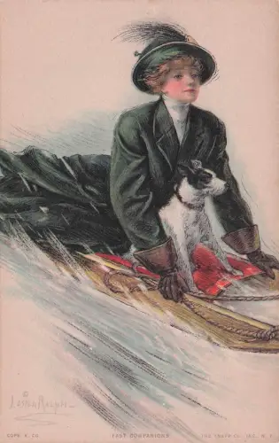 Schnelle Begleiter – Lester Ralph Kunstpostkarte mit hübscher Dame und Terrierhund auf einem Schlitten -798496