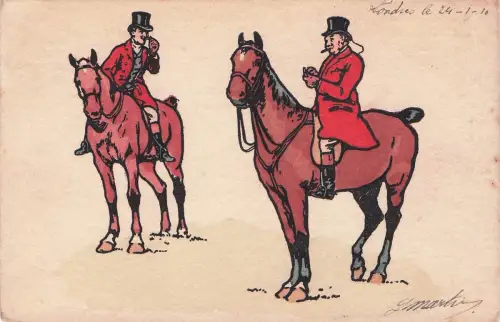zwei Reitern in roter Jagdkleidung und Zylindern -798446