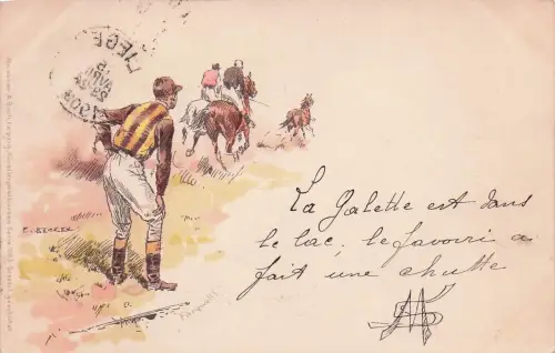 Künstlerpostkarte von Meissner & Buch aus Leipzig, die ein Pferderennen darstellt. Die Karte gehört zur Serie 1003 -798252