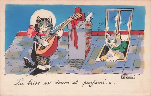 Künstler ak Die Postkarte zeigt zwei Katzen auf einem Dach. -798352