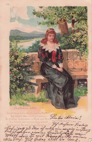 Glitzer Litho Sehnsucht, Frau auf einer Steinbank -798654