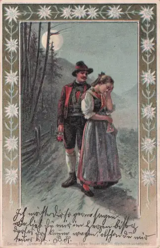 Künstler-Ansichtskarte E. Döcker: Liebespaar hat einem Konflikt bei Vollmond -798600