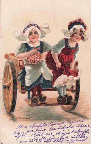 Postkarte P115 mit geprägtem Motiv: Holländische Mädchen im Karren, Happy Returns Clogs, 1908 -798620