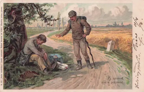 Künstler-Ansichtskarte E. Döcker: Erschöpfter Wanderer an einen Baum gelehnt -798640