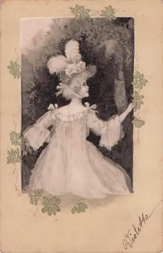 Lithographie Dame in grünem Kleid mit m Hut, Jugendstil -798740