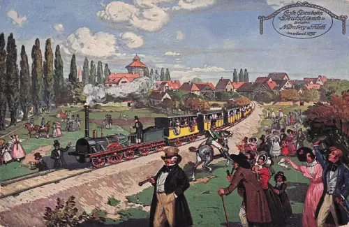 Ansichtskarte Erste Eisenbahn Deutschlands zwischen Nürnberg -Fürth, Staunende Menschenmenge -798756