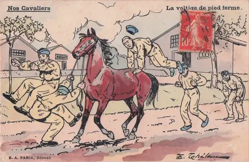 Nos Cavaliers“ (Unsere Reiter) und dem Untertitel „La voltige de pied ferme“ -798804