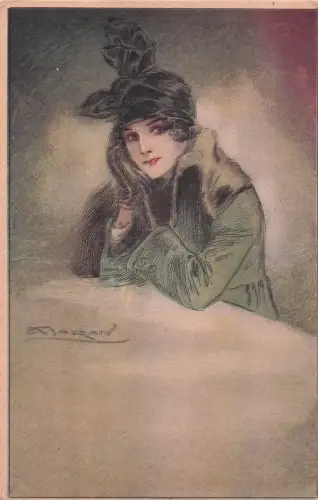 Künstler Ak Mauzan, Frauenportrait, Mantel, Handschuhe -798822