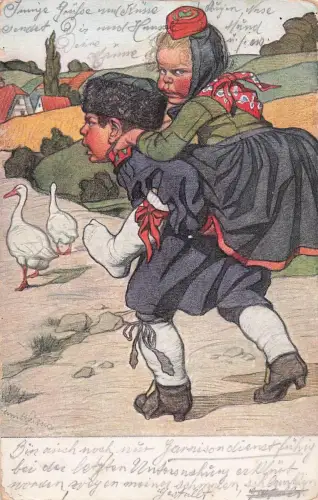 Hessische Tracht, Gänse Junge trägt Mädchen Huckepack 1917 n. Bielefeld gel. -798830