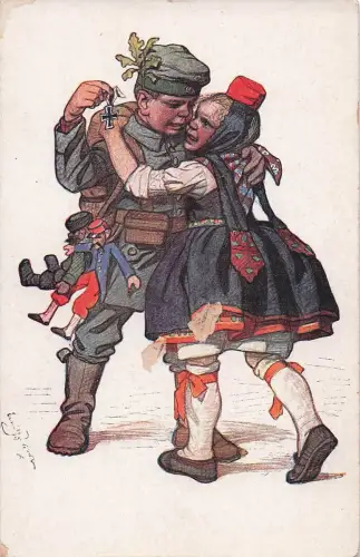 Künstler-Ansichtskarte Emil Beithan: Mädchen in hessischer Tracht liegt in den Armen seines Soldaten-Freundes, Eisernes Kreuz -798832