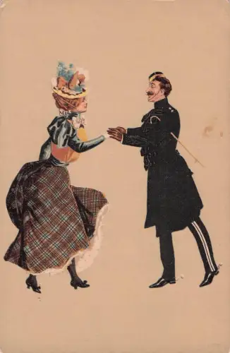 Litho Liebespaar, Frau mit Hut, Mann in Uniform, Schwarzer Mantel -798852