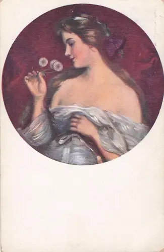 e künstlerische Darstellung einer Frau, die Löwenzahnblüten betrachtet. -798860