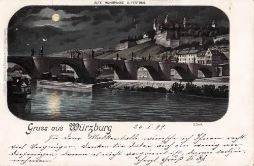 Lithographie Würzburg, Blick auf alte Mainbrücke und Festung -798908