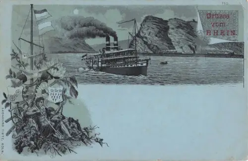 Lithographie Grüsse vom Rhein, Rheindampfer bei Nacht -798922