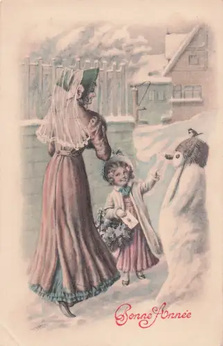 Frohes Neues Jahr – Kleines Mädchen zeigt ihrer Mutter einen Schneemann -798998