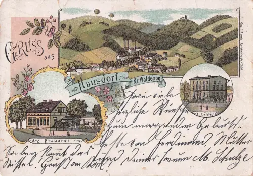 Litho HARZDORF bei Reichenberg SCHULE, Kirche, Gasthof 1902 gelaufen -799018