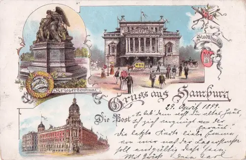 Lithographie Hamburg-Neustadt, Die Bost, Stadttheater, Kriegerdenkmal -798934