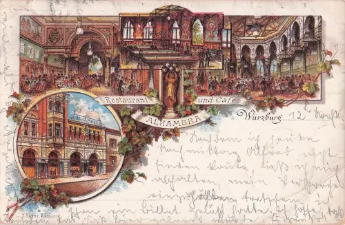 Lithographie des ehemaligen Restaurant und Café Alhambra in Würzburg. -798954