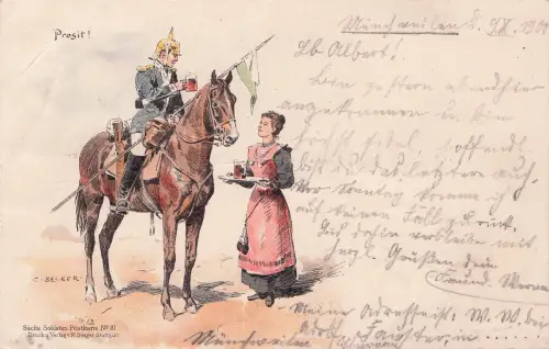 Prosit! CBECKER, Sächs Soldaten Postkarte № 10. Druck u. Verlag v. M. Seeger, Stuttgart. -797716