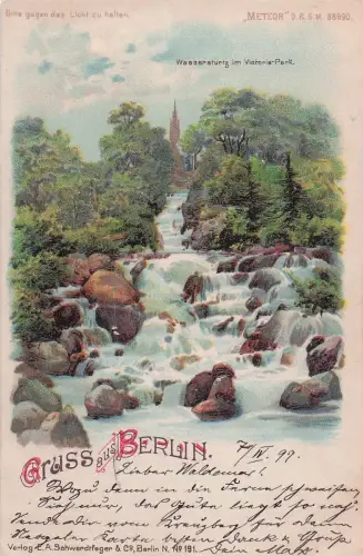 AK Berlin-Kreuzberg, Wassersturz im Victoria Park, Im Gegenlicht bei Mondschein, Halt gegen das Licht -799572