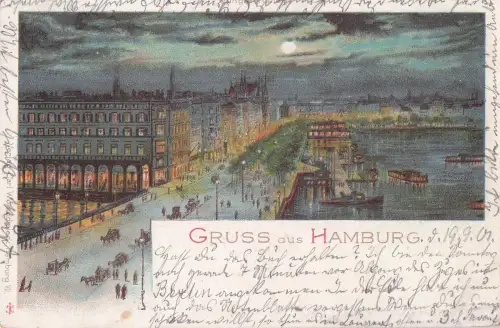 Mondschein Litho Hamburg Mitte Neustadt, Jungfernstieg -799602