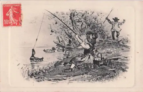 Wunderschöne Vintage-Postkarte mit einer Entenfischerei! Fischer -799732