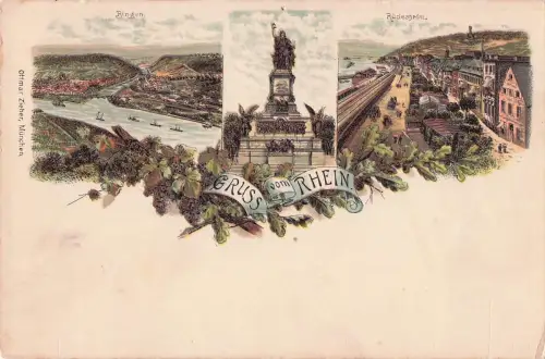 LITHO GRÜSSE AUS RÜDESHEIM RHEINGAU TAUNUS NATIONALDENKMAL + BINGEN 3 BILD 1900 -799722