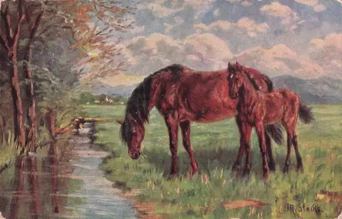 Kunstpostkarte mit zwei Pferden auf einer Wiese an einem Bach. -799650