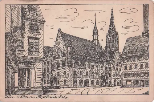 Künstler-AK Ulm a. D., Rathaus mit Brunnen und Passanten -799720